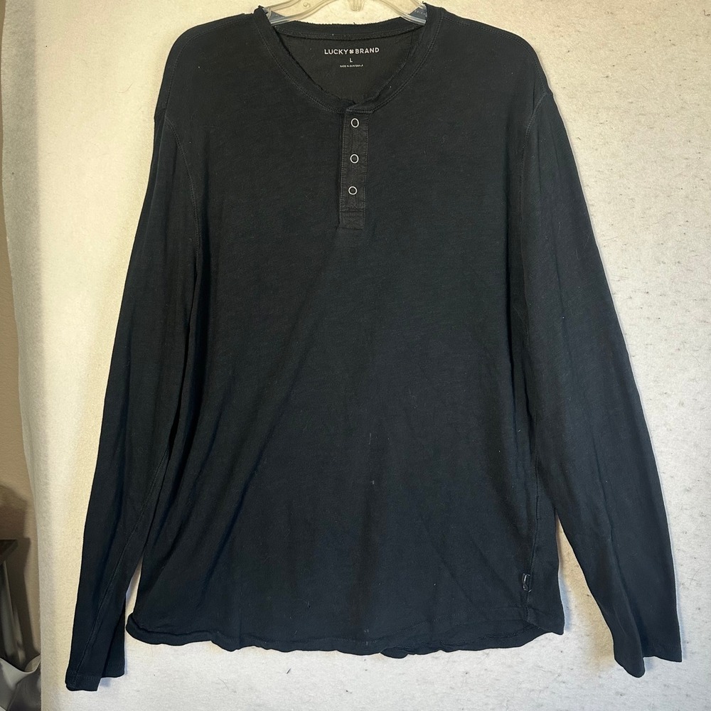 Lucky Brand Mens Black Slub Knit Long Sleeve Henley Shirt Size L grunge street